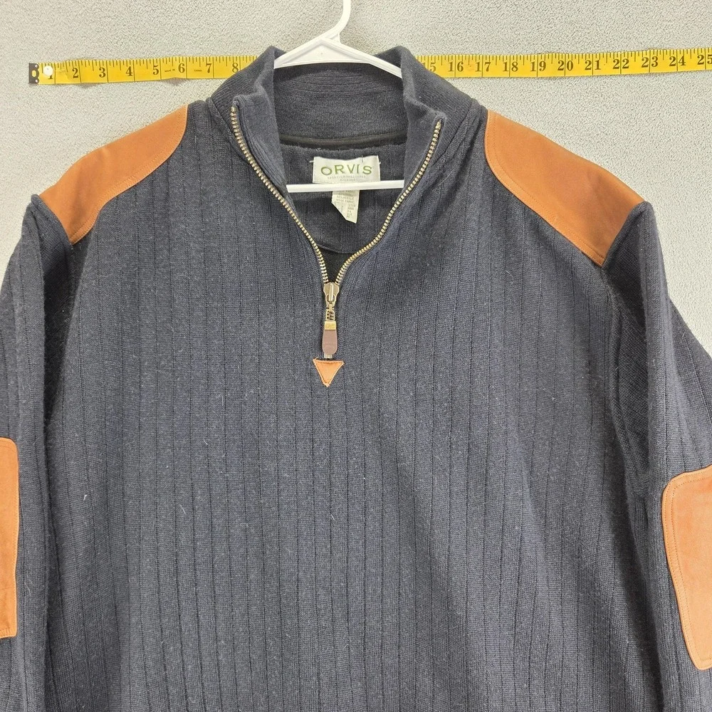 Orvis Jacket Mens 2XL Blue Wool Rib Knit 1/4 Zip Elbow Patches Pullover Sweater